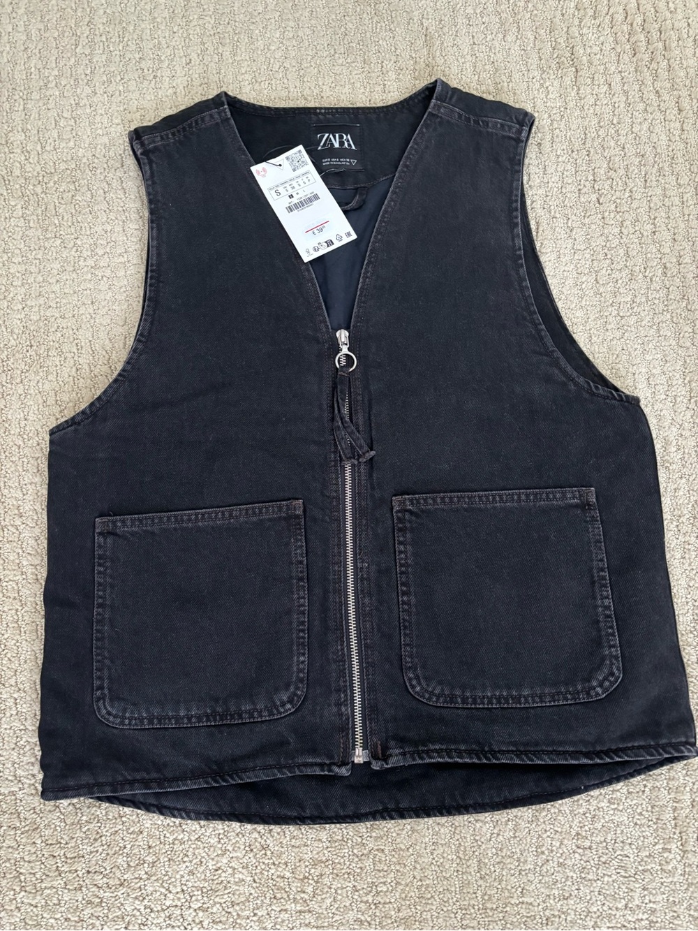 Zara Washed Black Denim Sleeveless Zip Vest